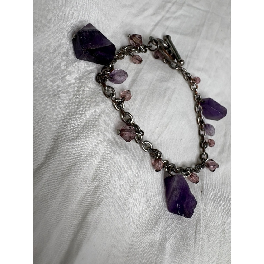 Amethyst Crystal Charm Bracelet Silver Tone Toggle Clasp Boho Chic